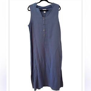 Vasna Beautiful Blue Linen Blend Lagenlook Cottagecore Button Down Dress Size L